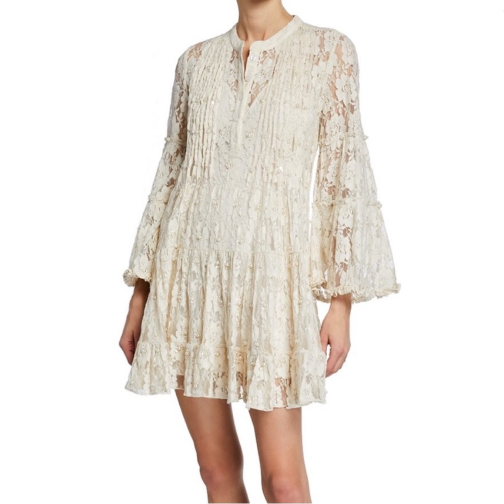 Alexis Emelya Floral Lace Bell-Sleeve Mini Dress, Size L